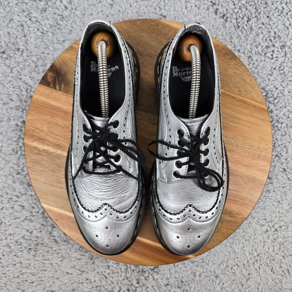 Dr. Martens Womens 8 3989 Metallic Silver Leather Brogue Long Wingtip Oxford - Picture 5 of 15